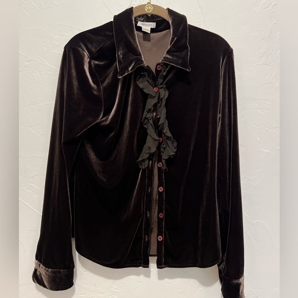 Velvet Button-Up Blouse - Brown